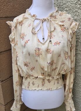Angie Floral Tie-Neck Long Sleeve Top - Cream